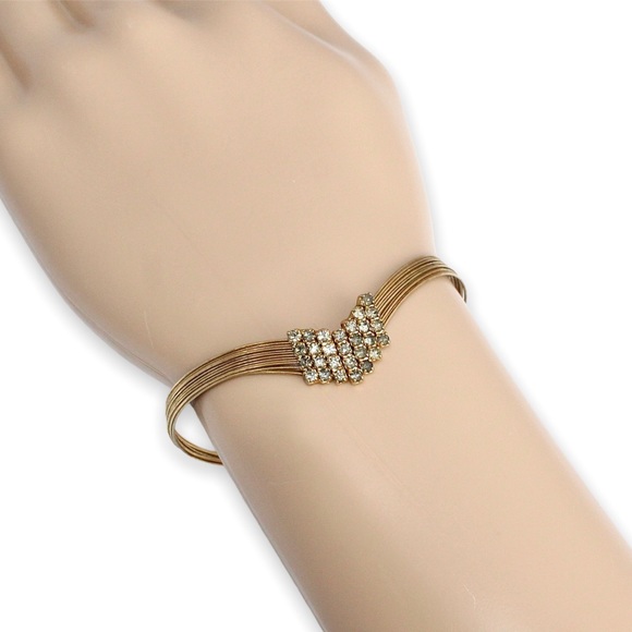 Vintage Rhinestone Chevron Cuff Bracelet Gold Tone Multi-Strand Wire Estate - Picture 4 of 4